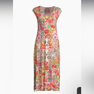 Johnny Was Pink Floral & Leopard Print Midi Dress